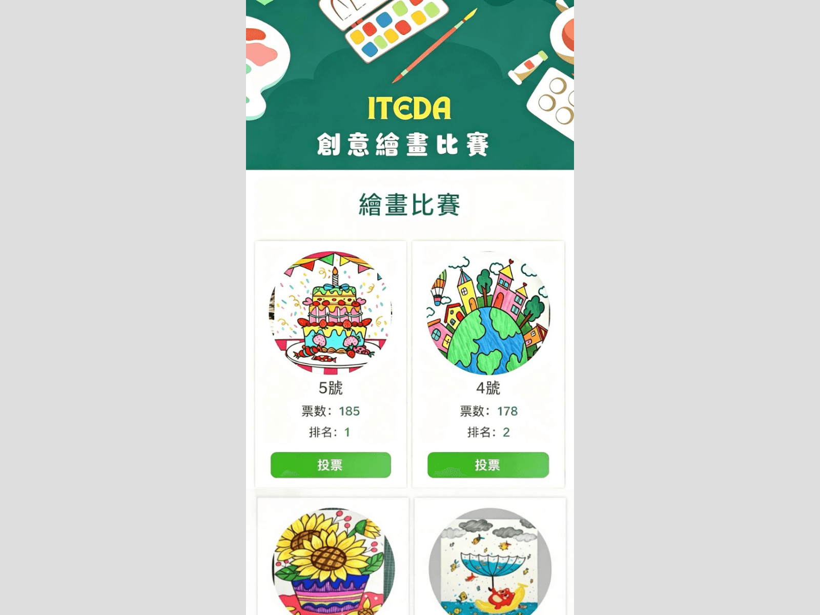假投票頁：ITEDA 創意繪畫比賽，一排兒童畫作與假票數，每張下面一個綠色投票鈕